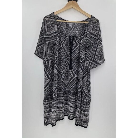 Catherines Plus Size Black & White Sheer Beaded Geometric Print Blouse 2x Boho - Picture 2 of 11